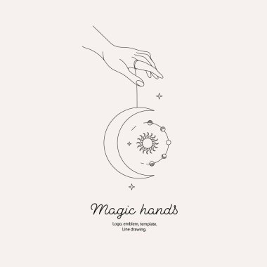 Magical hand. Hands, crescent, sun and stars. Print for t-shirts. clipart