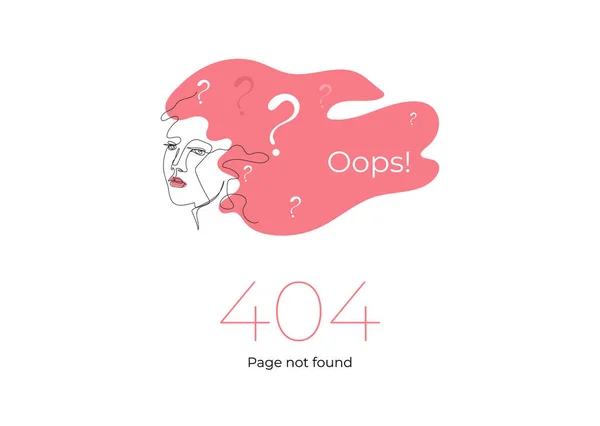 Sidan 404. Länk till icke-existerande sida. Kvinnligt ansikte ritat i en linje. — Stock vektor