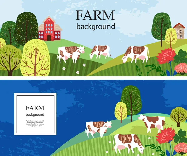Horizontale Banner. Kühe auf der Weide. Silhouetten von Kühen, Häusern und Bäumen. — Stockvektor