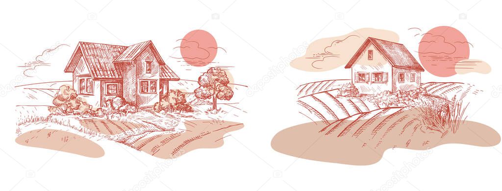 A vector image of a village house. The village landscape.