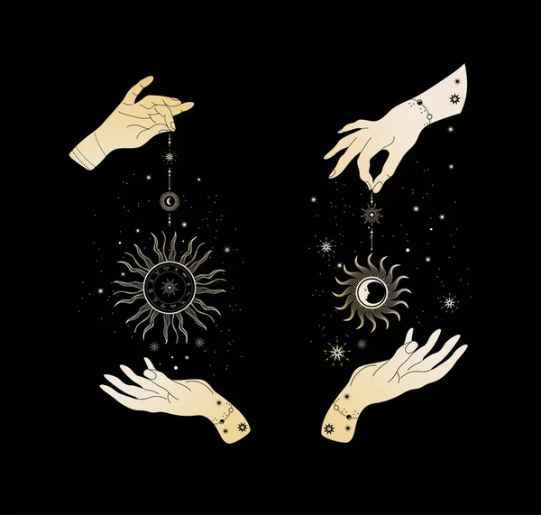 Des mains magiques. Deux mains, le soleil, le croissant, les étoiles et les phases de lune. — Image vectorielle