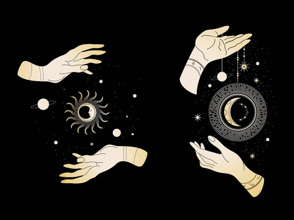 Magische handen. Twee handen, de zon, halve maan, sterren en maan fasen. — Stockvector