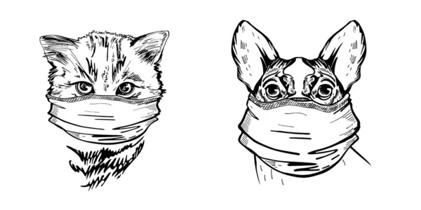 Hund und Katze in medizinischen Masken. Set von Vektorillustrationen. Pandemie. COVID-19. — Stockvektor