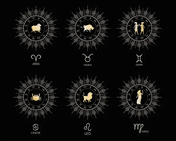 Conjunto de signos do zodíaco. Áries, Touro, Gêmeos, Câncer, Virgem, Leão. — Vetor de Stock