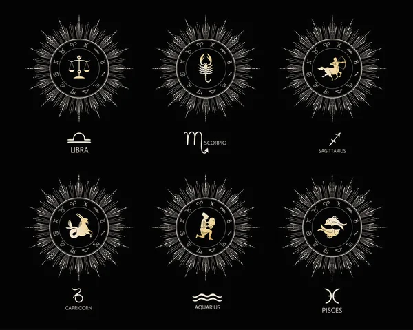 Ensemble de signes du zodiaque. Balance, Scorpion, Sagittaire, Capricorne, Verseau, Poissons — Image vectorielle