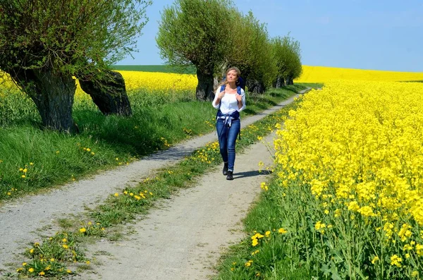 Jovem Caminhando Uma Estrada Rural Entre Campo Estupro Skivarp Scania — Fotografia de Stock