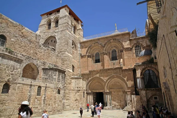 Voorgevel Van Tempel Van Heilige Sepulchure Jeruzalem Israël Hier Ingang — Stockfoto