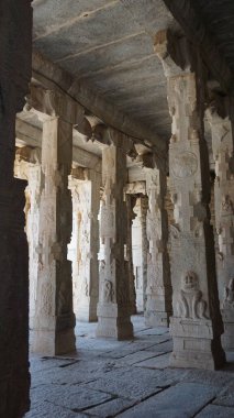 Virupakshi tapınağı kompleksinin içinde (Hindu İmparatorluğu 'nun eski başkenti Vijayanagara) Tungabhadra Nehri' nin kıyısındaki Shiva 'ya adanmış bir Hindu tapınağı) iç kısımları (heykeller, sütunlar, heykeller, heykeller, heykeller), Karnataka, Hindistan.