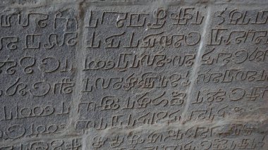 Antik Hint yazıtları, muhtemelen Sanskritçe, Hindistan, Kanchipur 'daki Tanrı Vishnu' ya adanmış tapınağın taş duvarlarını süsleyen.