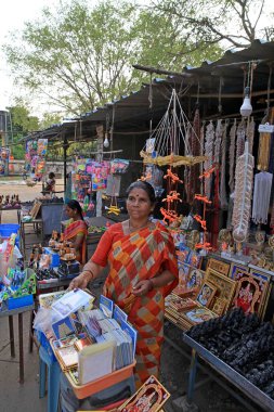 Geleneksel Hint kıyafetleri içindeki bir kadın (sari) şehirdeki bir tepsi dini kitaptan binlerce tapınak satıyor - Kanchipuram, Tamil Nadu, Hindistan.
