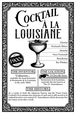 New Orleans Fransız çeyrek Libations kokteyl Infographic tarihçesi
