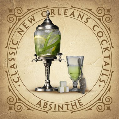 Klasik New Orleans Fransız çeyrek Louisiana kokteyl bardak altlığı üzerinde koleksiyon parşömen kağıdı arka plan