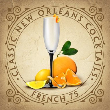 Klasik New Orleans Fransız çeyrek Louisiana kokteyl bardak altlığı üzerinde koleksiyon parşömen kağıdı arka plan