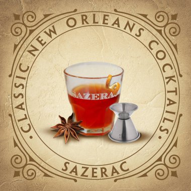 Klasik New Orleans Fransız çeyrek Louisiana kokteyl bardak altlığı üzerinde koleksiyon parşömen kağıdı arka plan