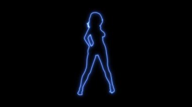 Siyah arka planda, bir kız siluetinin mavi neon ışığı..