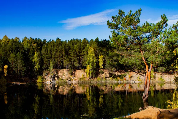 Small forest lake in autumn in Sunny weather