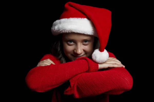 Feliz Natal Menina Uma Camisola Vermelha Boné Papai Noel Está — Fotografia de Stock