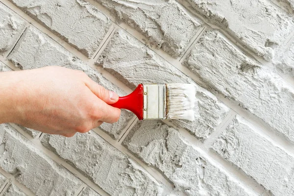 Erkeğin el ile fırça beyaz duvara boyalı. Yenileme çalışmaları. Beyaz arka plan.