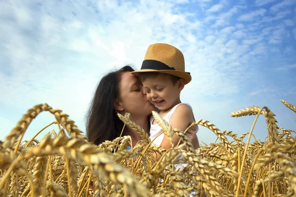 Mutlu bir aile. Anne ve oğlu gülüyor ve buğday sahada konuşuyor. Önden görünüm.