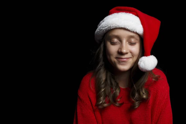 Feliz Navidad Una Joven Con Suéter Rojo Sombrero Santa Claus — Foto de Stock