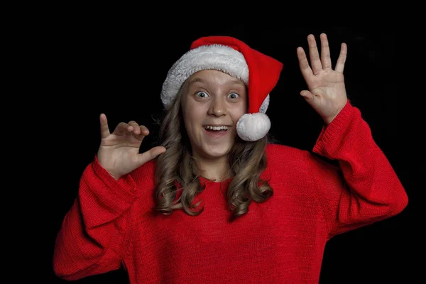 Feliz Navidad Chica Joven Suéter Rojo Santa Claus Sombrero Está — Foto de Stock