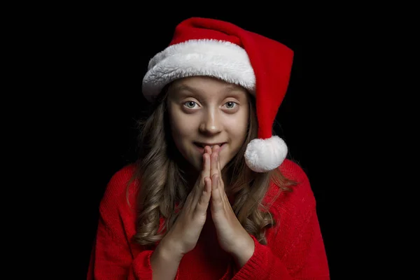 Feliz Navidad Una Joven Con Suéter Rojo Sombrero Santa Claus — Foto de Stock