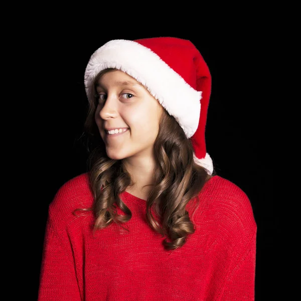 Excited Young Girl Red Sweater Santa Cap Black Isolate Copy — Stock Photo, Image