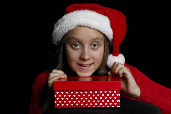 Feliz Natal Uma Jovem Com Uma Camisola Vermelha Chapéu Papai — Fotografia de Stock