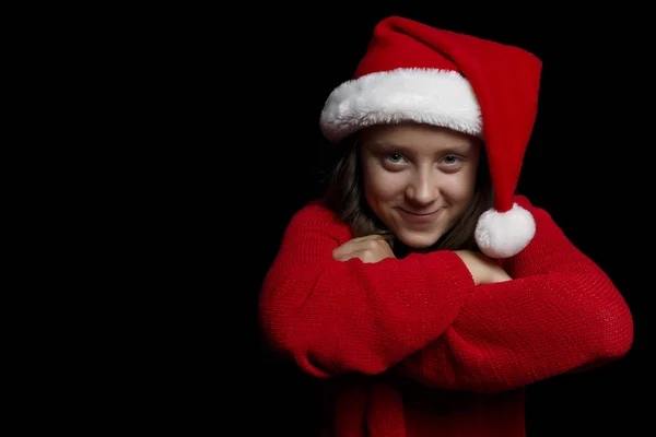 Feliz Navidad Una Joven Con Suéter Rojo Sombrero Papá Noel — Foto de Stock