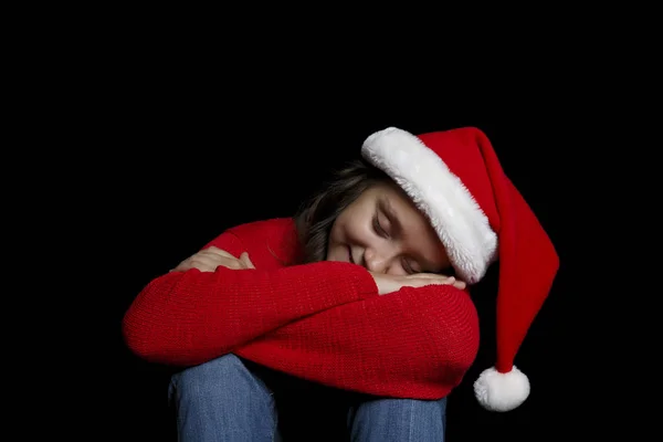 Feliz Navidad Joven Con Suéter Rojo Gorra Santa Claus Descansa — Foto de Stock