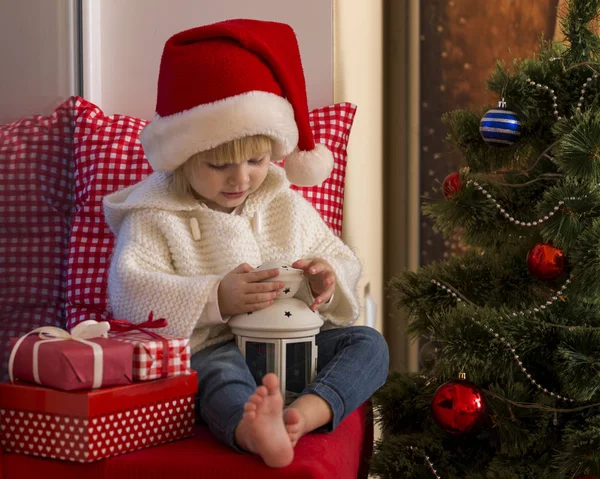 Happy Family Small Girl Santa Hat Sits Window Sill Window — Stock Photo, Image