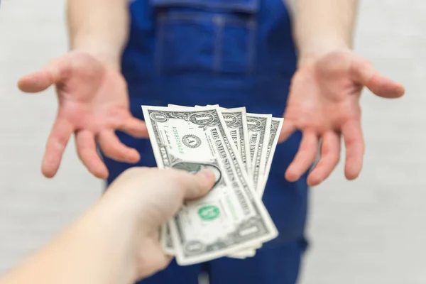 Client Pay Contractor Work Performed Feminine Hand Gives Money Men — Stock Photo, Image