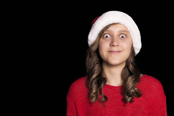 Jovem Excitada Com Uma Camisola Vermelha Chapéu Papai Noel Aumenta — Fotografia de Stock