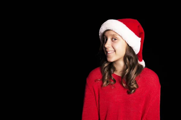 Jovem Entusiasmada Com Camisola Vermelha Boné Pai Natal Isolado Preto — Fotografia de Stock
