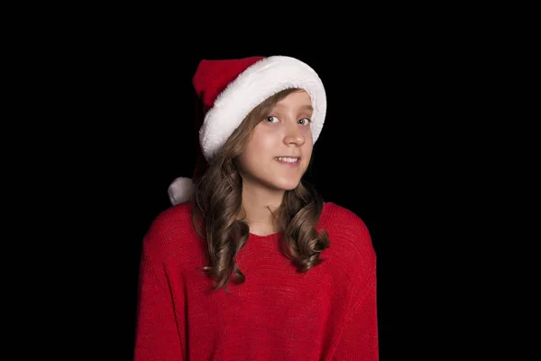 Jovem Entusiasmada Com Camisola Vermelha Boné Pai Natal Isolado Preto — Fotografia de Stock