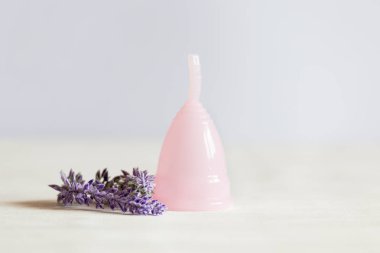 Pembe adet Kupası beyaz vintage ahşap zemin üzerinde yatıyor. Sonraki lavanta çiçekleri vardır. Seçici odak, kopya alanı.