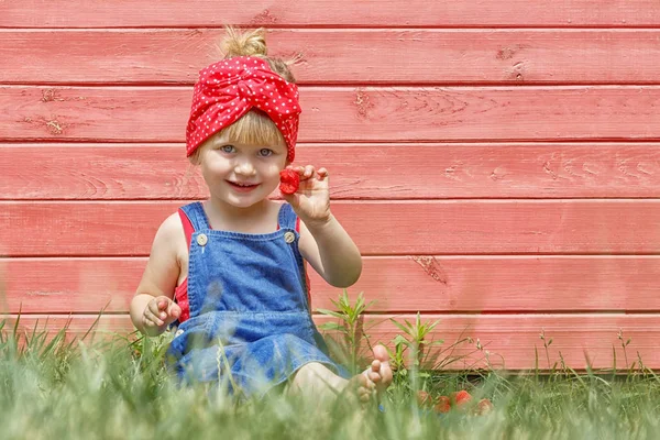 Petite Fille Mange Des Fraises Douces Par Une Journée Ensoleillée — Photo