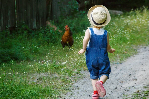 Fetiţa Îmbrăcată Temniţe Urmăreşte Găină Drum Ţară Vedere Înapoi — Fotografie, imagine de stoc