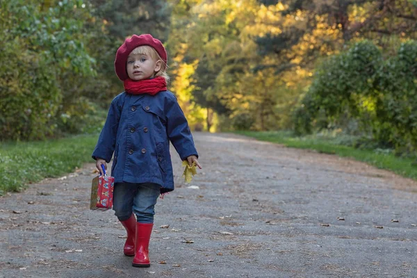 Bon Automne Petite Fille Dans Béret Rouge Marchant Dans Parc — Photo