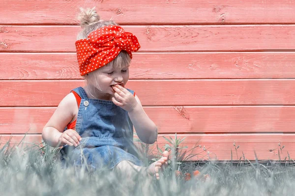 Liten Flicka Äter Söta Jordgubbar Solig Dag — Stockfoto