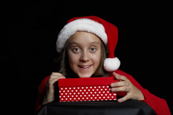 Feliz Natal Uma Jovem Com Uma Camisola Vermelha Chapéu Papai — Fotografia de Stock