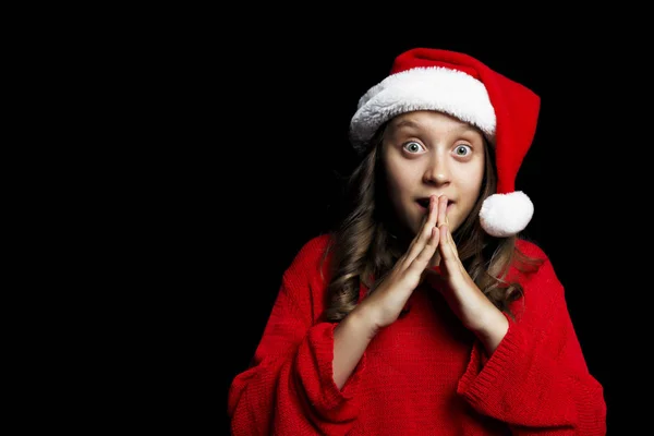 Feliz Navidad Joven Con Suéter Rojo Sombrero Santa Mira Espectador — Foto de Stock