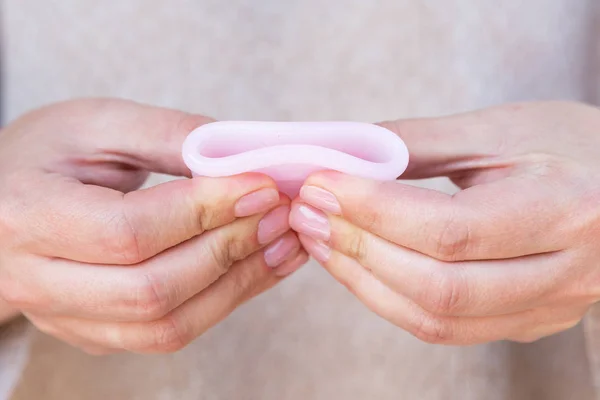 Menstrual Cup Holding Woman Hands Selective Focus — Stock Photo, Image