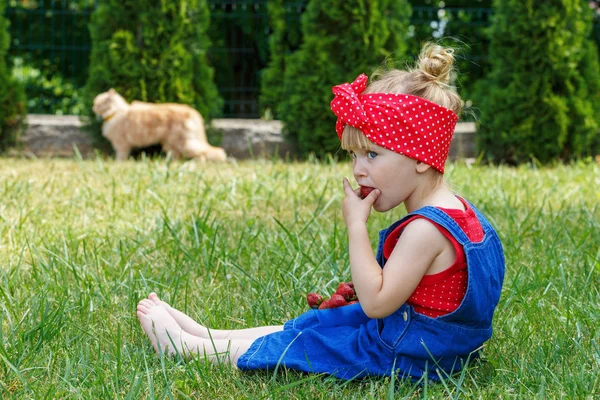 Petite Fille Jouant Avec Chat Rouge Par Une Journée Ensoleillée — Photo