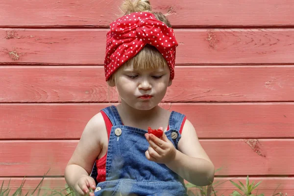 Niña Está Comiendo Fresas Dulces Día Soleado Copiar Espacio —  Fotos de Stock