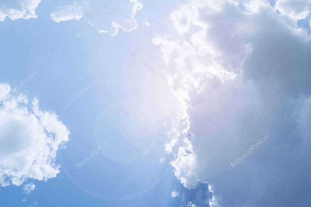 Blue sky with white clouds and sun.