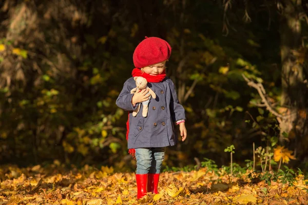 Щаслива Осінь Маленька Дівчинка Сміється Біжить Галешах Через Автономний Парк — стокове фото