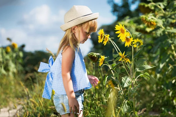 Fetiță Mirosind Floarea Soarelui — Fotografie, imagine de stoc