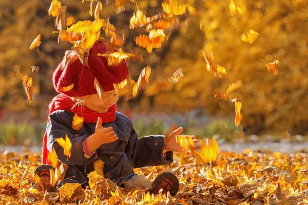 Feliz Outono Uma Menina Uma Boina Vermelha Está Brincando Com — Fotografia de Stock