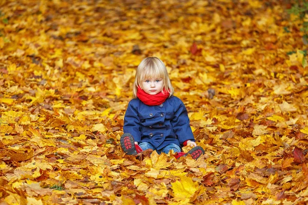 Fille Automne Assis Dans Parc Automne Elle Regarde Spectateur Espace — Photo